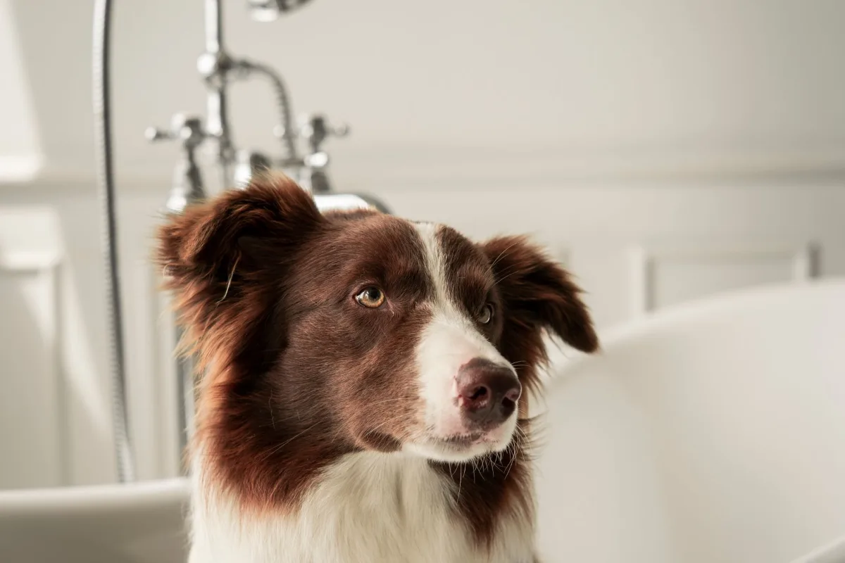 Chó Border Collie ngồi trong bồn tắm chuẩn bị được tắm